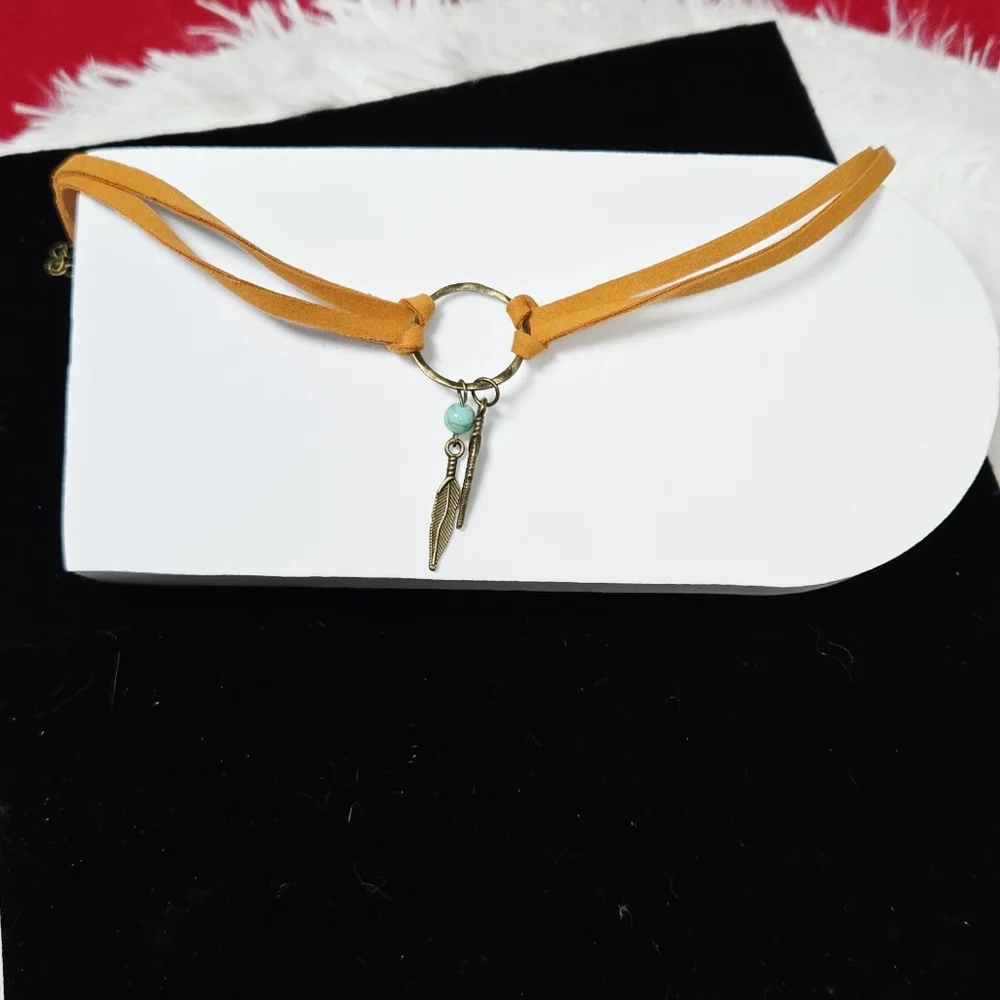 Western Feather Choker Necklace | Brown Suede Turquoise Boho Cowboy Style